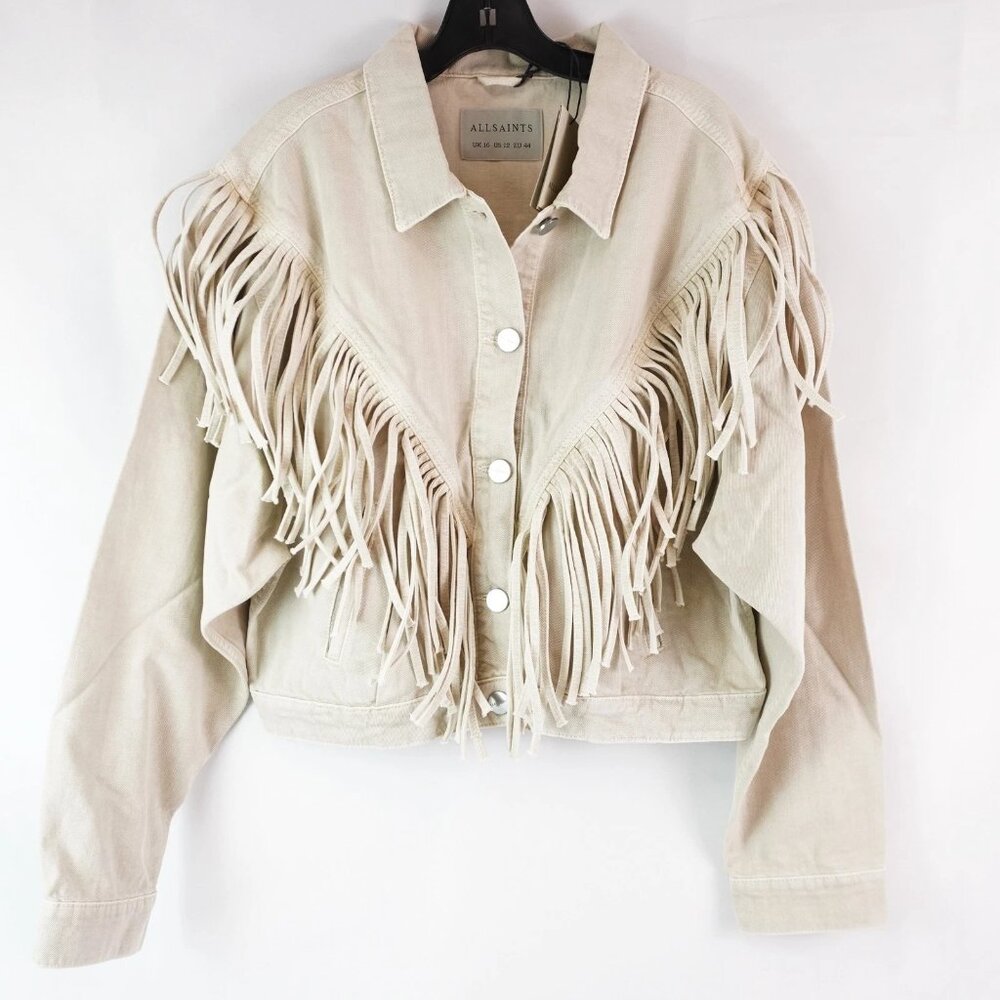 AllSaints Marlene Fringed Denim Jacket In Cream White Womens Size 12 Relaxed-Fit